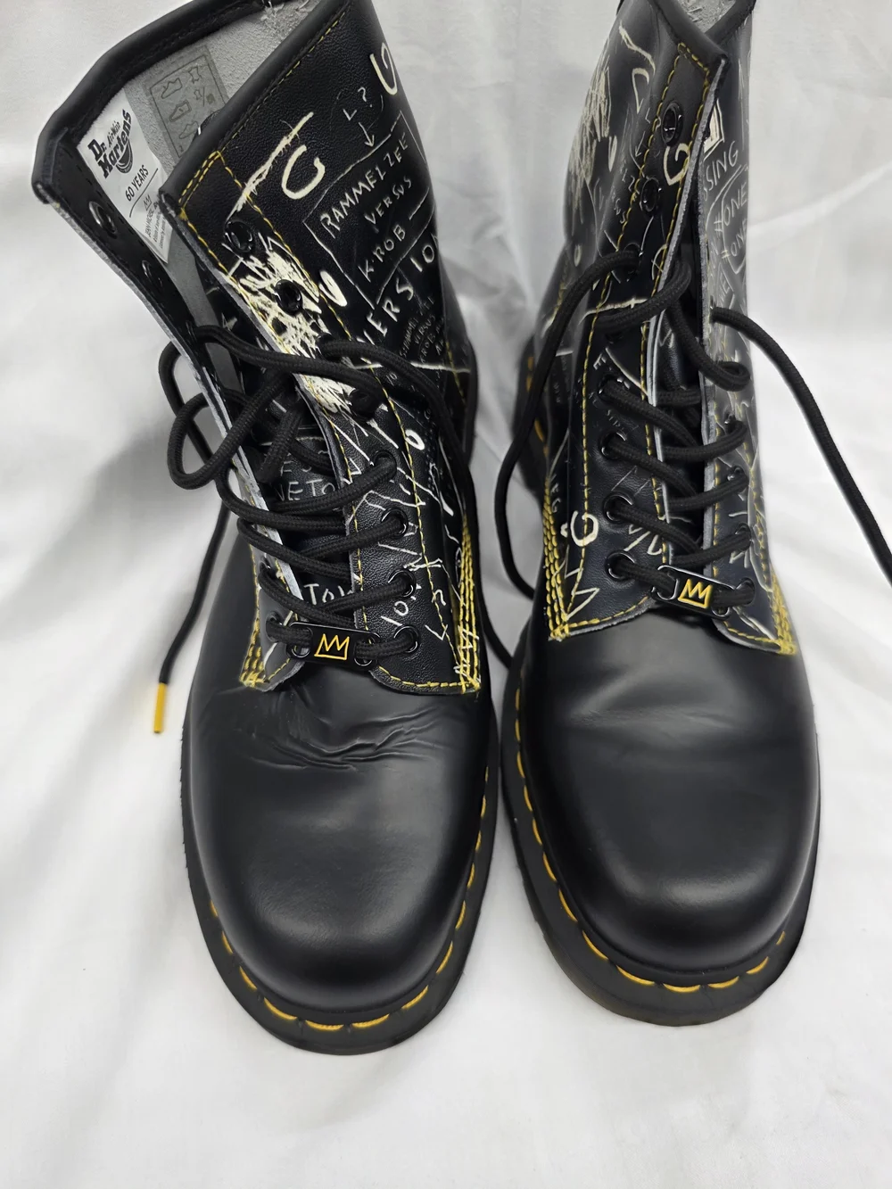 Dr. Martens Black Graffiti Lace-Up Boots with Yellow Stitching - Picture 2 of 8